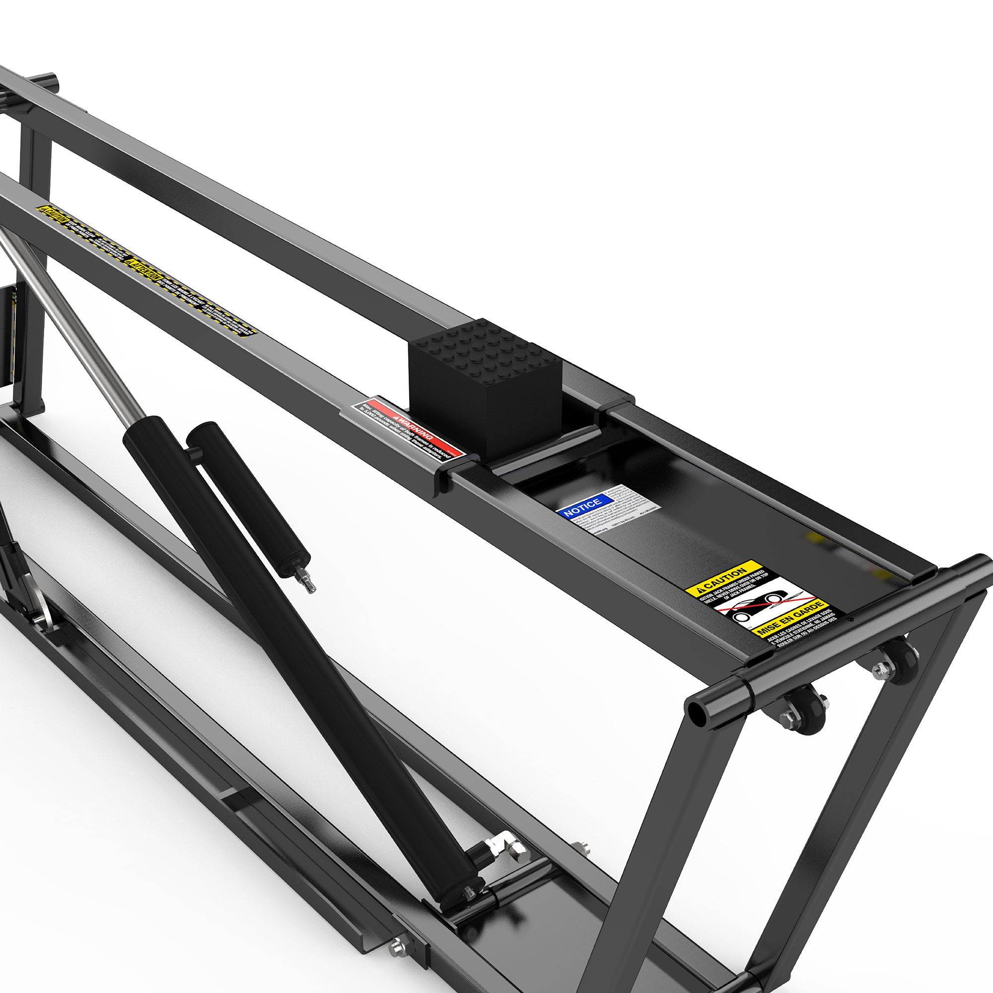 QuickJack SUV and light truck drop-in tray with rubber lifting block installed on portable car lift frame
