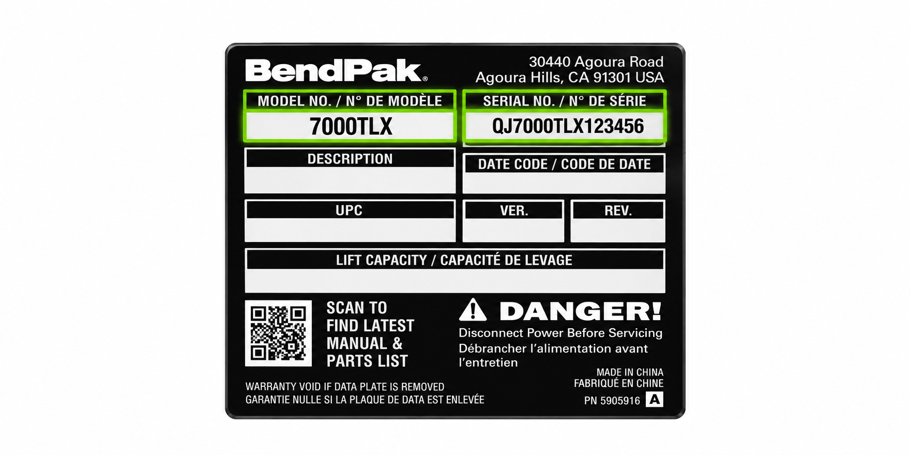 QuickJack product label with model and serial information
